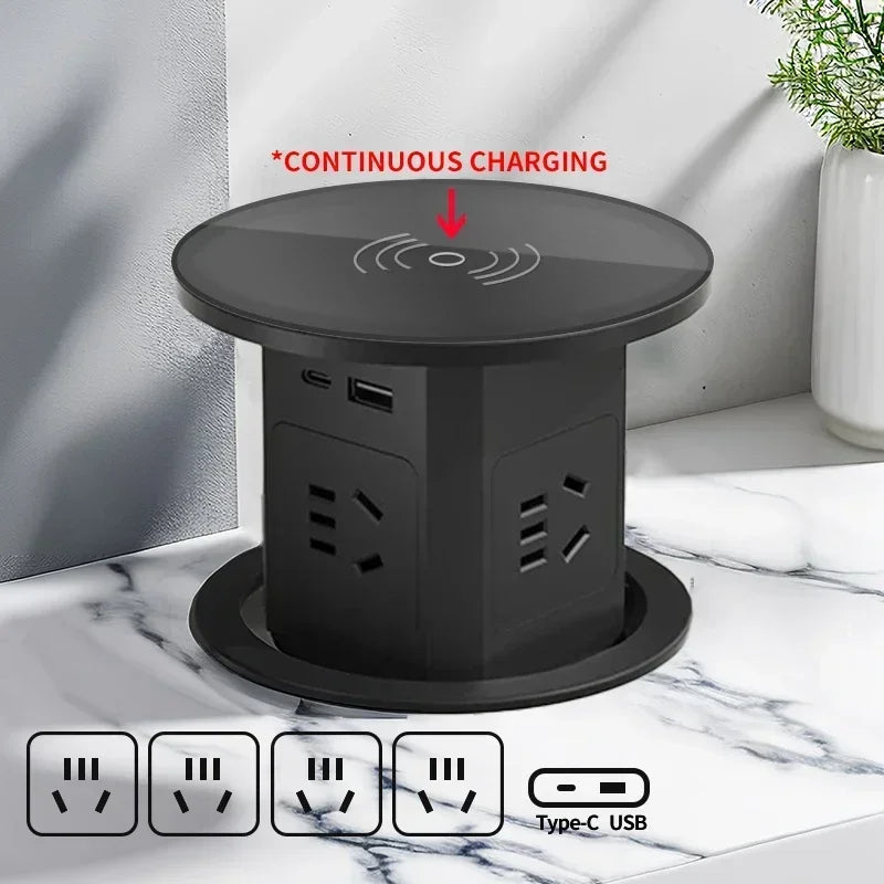 Tour de Prise de Bureau Automatique – Hub Électrique Caché avec USB-C, Charge Sans Fil & Support de Prise Mondiale