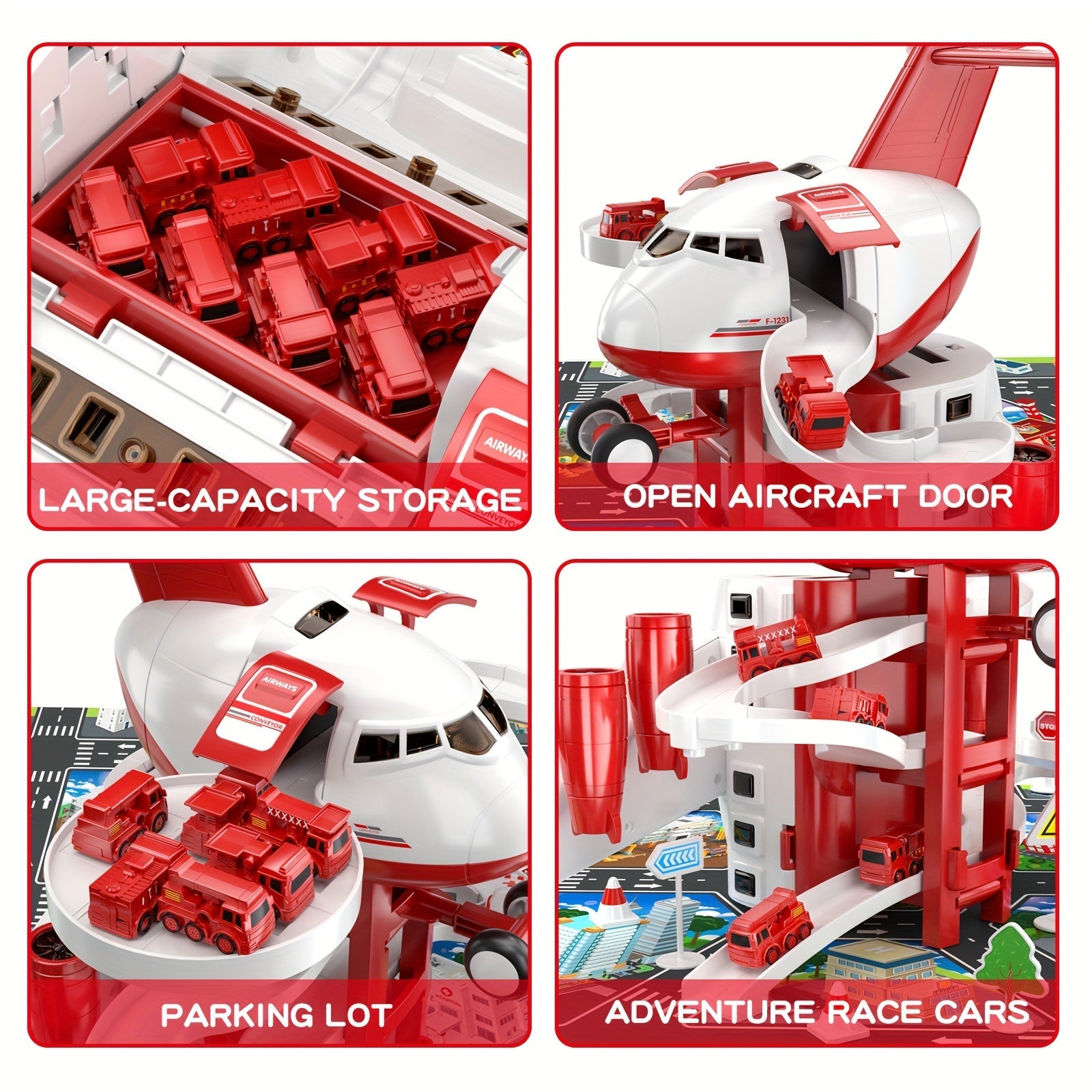 AdventurePlay Avion & Camions de Pompiers Ensemble de Jeu - Piste de Course et Garage pour Enfants