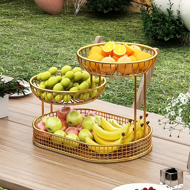 Élégant présentoir à fruits en métal à 2 niveaux GildedHaven | Présentation éblouissante des fruits et des collations, rehaussant l'esthétique de votre cuisine et de votre salon