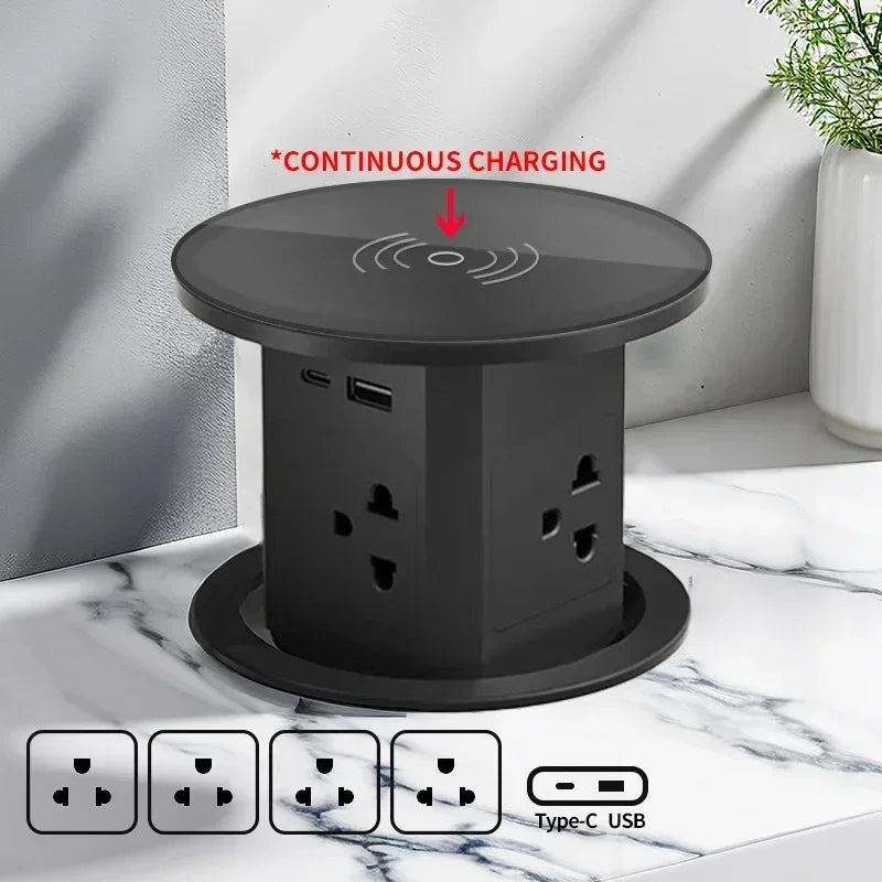 Tour de Prise de Bureau Automatique – Hub Électrique Caché avec USB-C, Charge Sans Fil & Support de Prise Mondiale