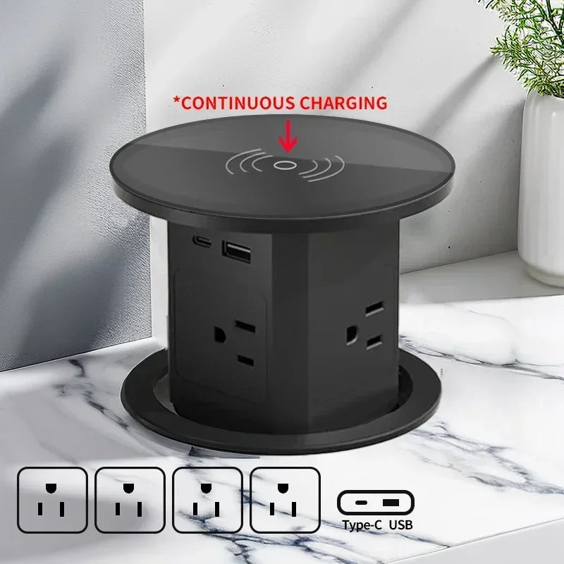 Tour de Prise de Bureau Automatique – Hub Électrique Caché avec USB-C, Charge Sans Fil & Support de Prise Mondiale