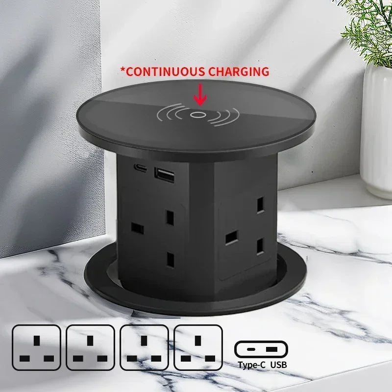 Tour de Prise de Bureau Automatique – Hub Électrique Caché avec USB-C, Charge Sans Fil & Support de Prise Mondiale
