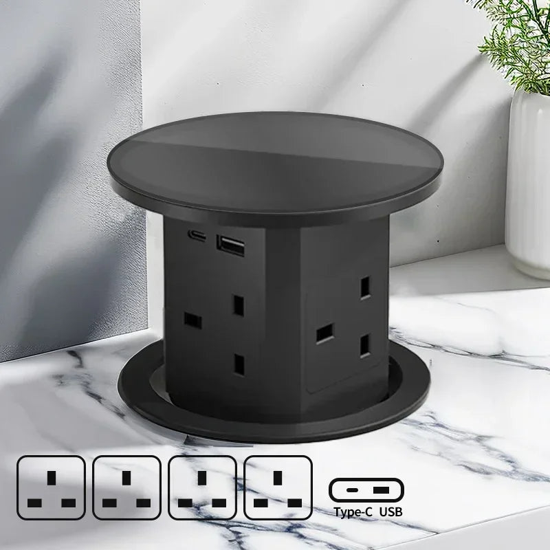 Tour de Prise de Bureau Automatique – Hub Électrique Caché avec USB-C, Charge Sans Fil & Support de Prise Mondiale