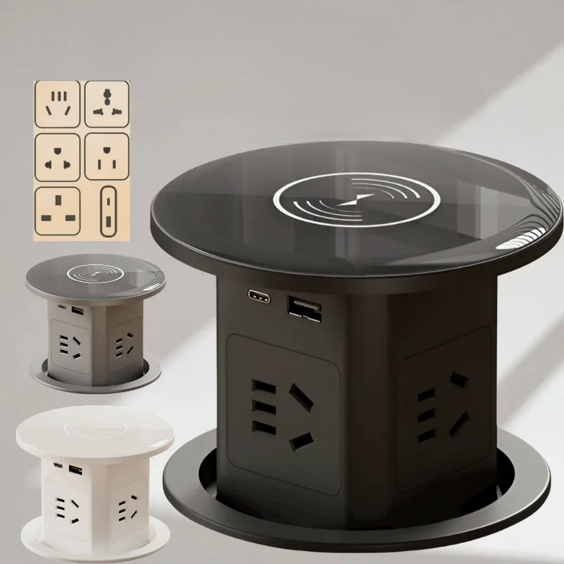 Tour de Prise de Bureau Automatique – Hub Électrique Caché avec USB-C, Charge Sans Fil & Support de Prise Mondiale