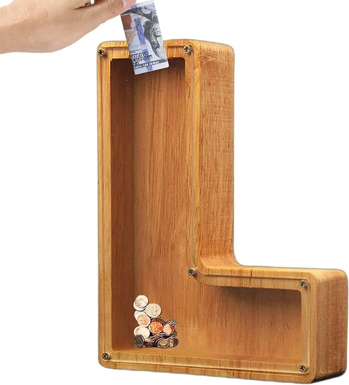 Tirelire TreasureNest | Tirelire en bois personnalisée avec des motifs de lettres de l'alphabet