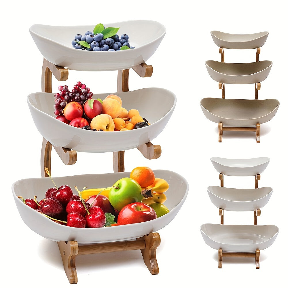 ArtisanÉlégance Panier à Fruits et Légumes en Bois à 3 Niveaux | Présentation raffinée avec plateaux en céramique blanche pour sublimer votre cuisine