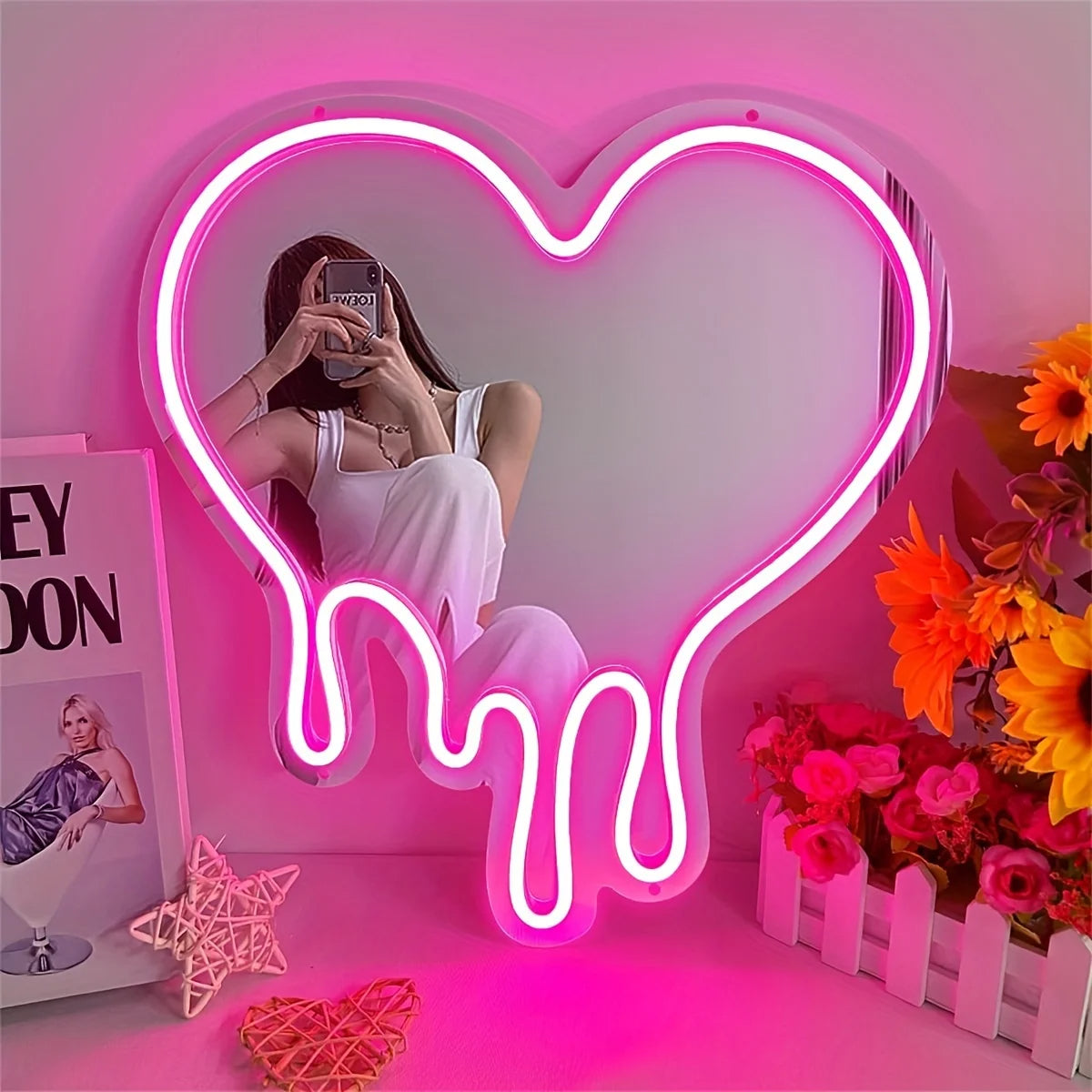 Signe Néon Cœur Fondant LED – Lumière Miroir Rose pour Décor Romantique et Esthétique