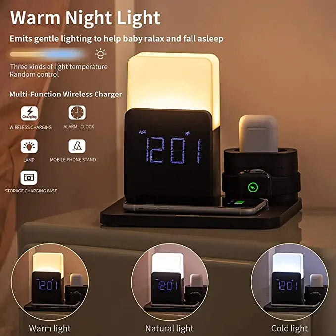 Station de Charge Sans Fil Multifonctionnelle – Comprend Lampe et Réveil