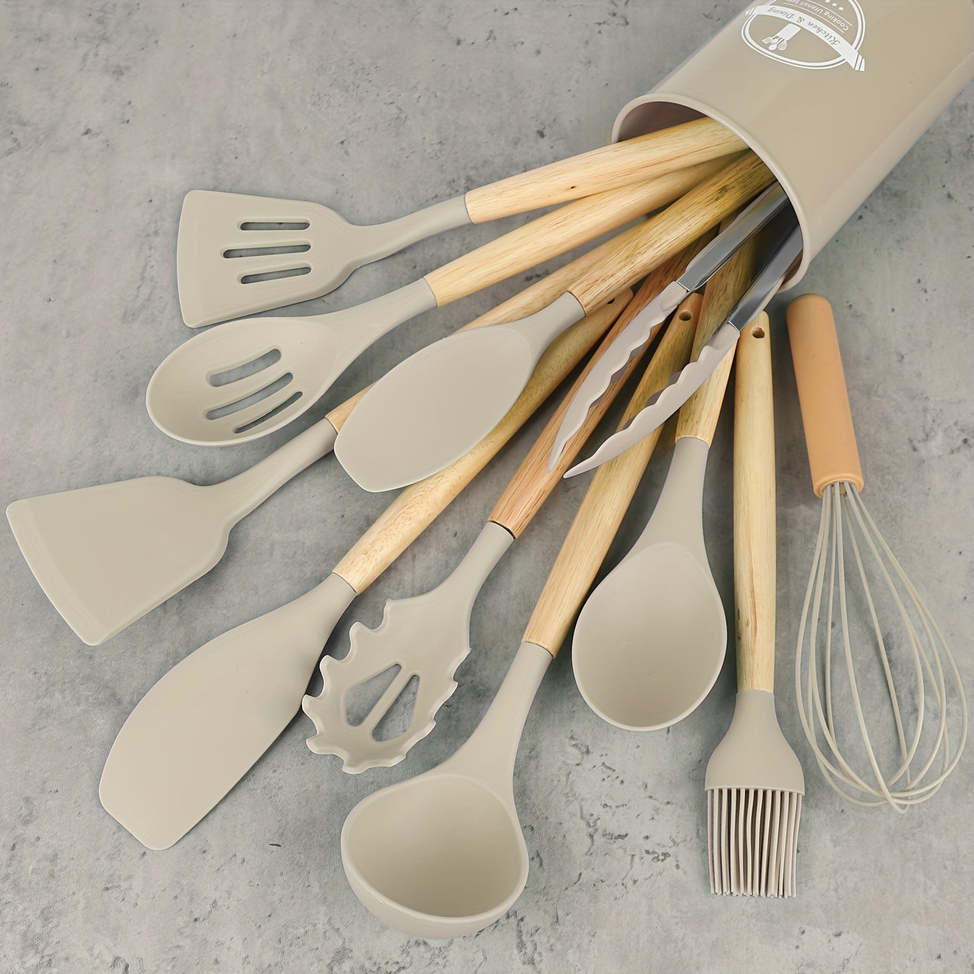 SilkChef Ensemble d'Ustensiles en Silicone de Luxe | Ustensiles de cuisine antiadhésifs et sécurisés avec manches en bois, modernes et lavables