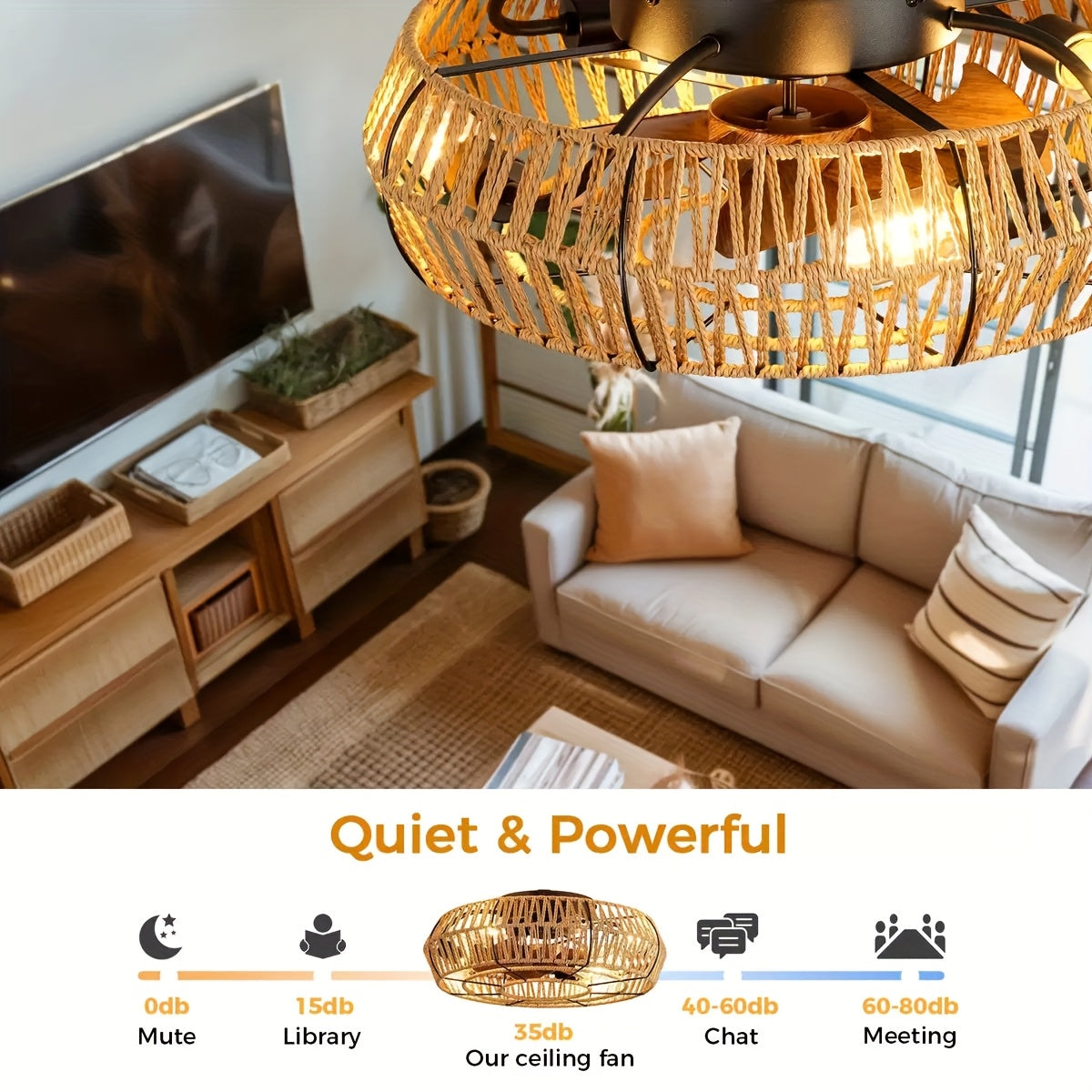 Ventilateur de Plafond en Rotin Tissé à la Main – Style Zen et Fonctionnalité