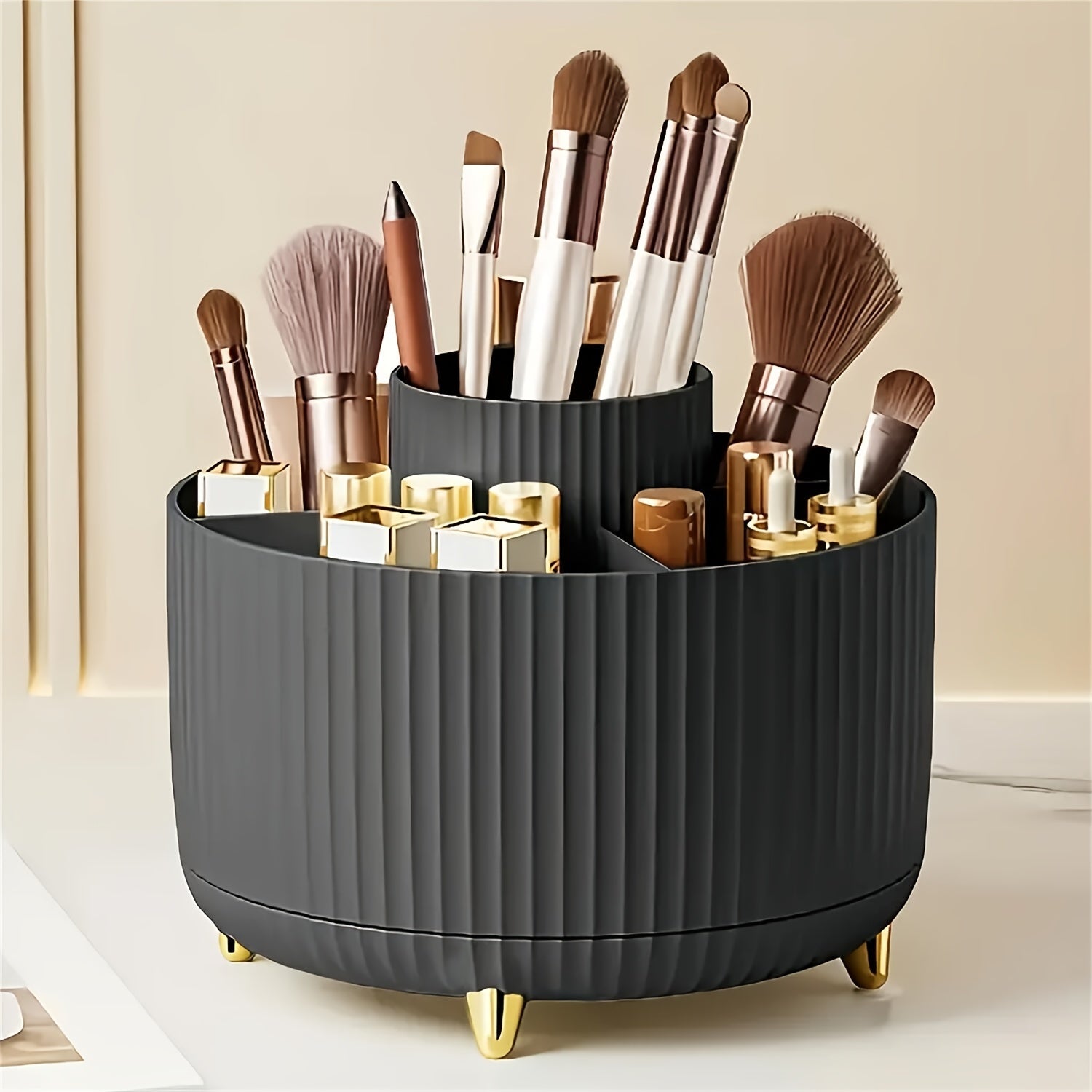 GlamourNest Organisateur de Maquillage Rotatif 360° | Rangement cosmétique élégant avec 5 compartiments pour pinceaux, rouges à lèvres et essentiels de soins de la peau