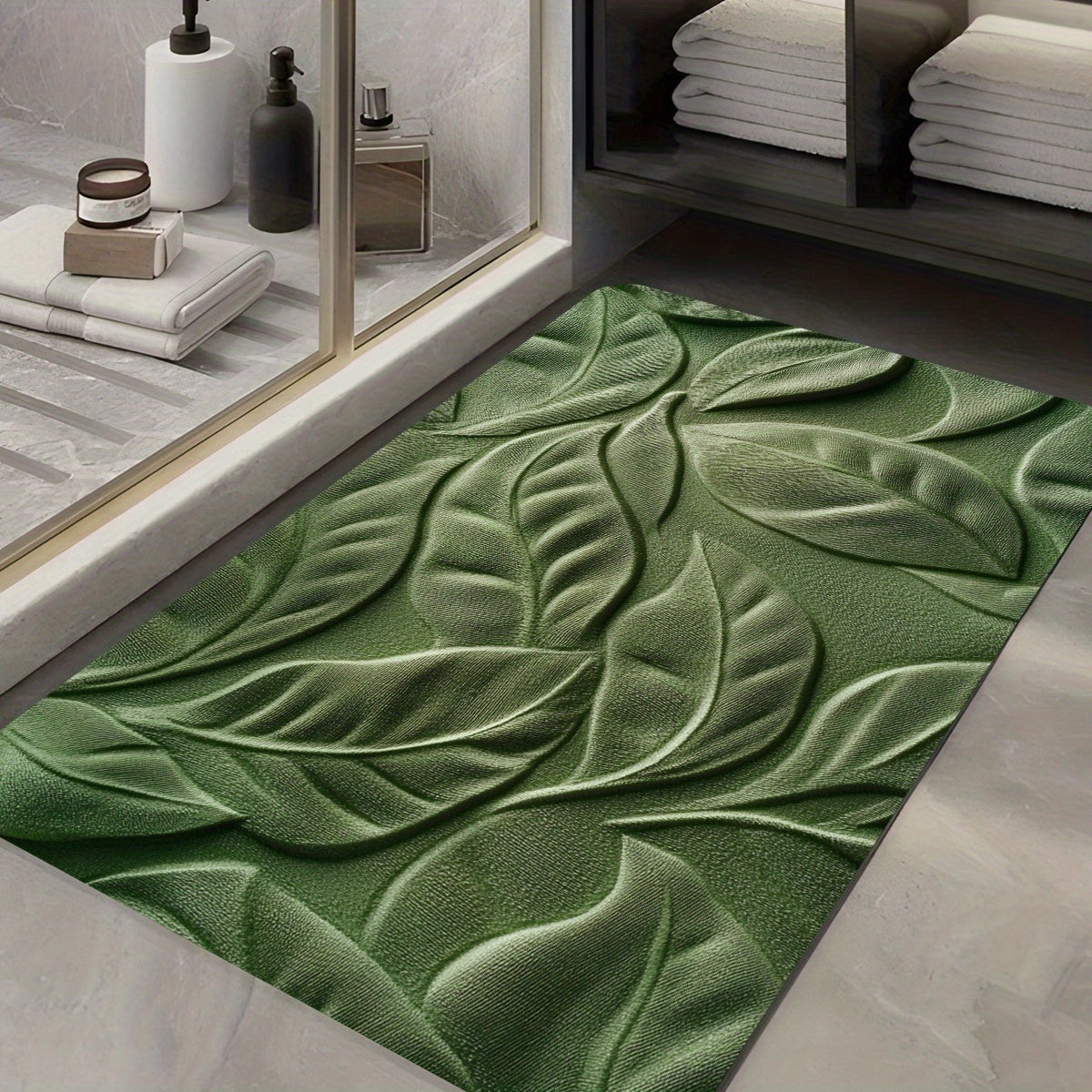 Tapis de Bain en Terre de Diatomée avec Motif de Feuilles Vertes – Absorbant et Sèche Rapidement