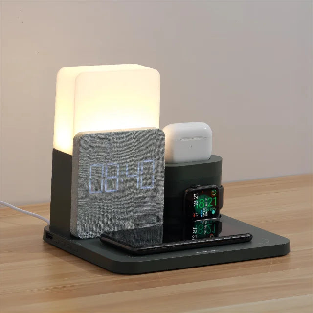 Station de Charge Sans Fil Multifonctionnelle – Comprend Lampe et Réveil