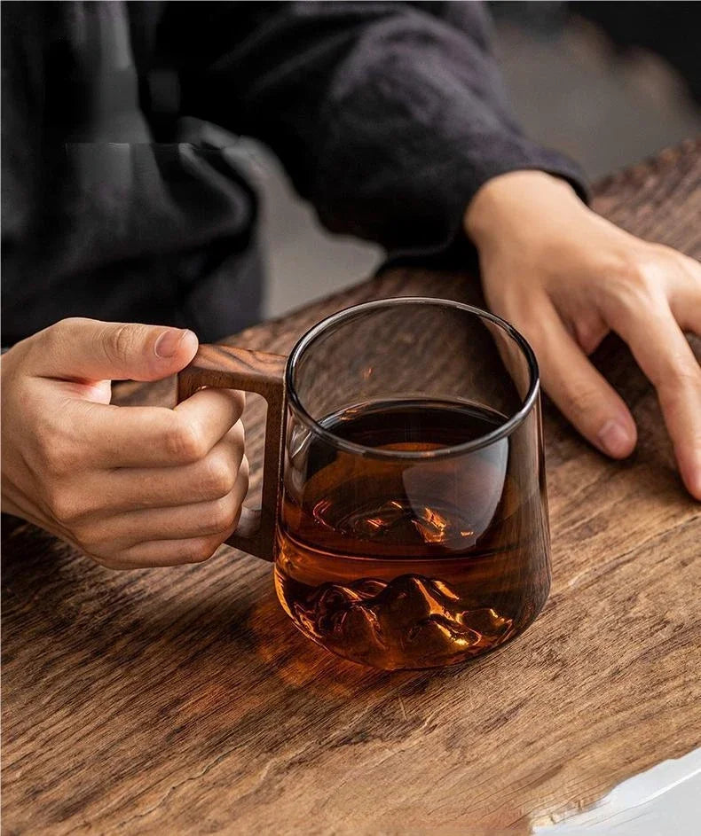 Tasse en Verre Guanshan avec Poignée en Bois – Mug à Couche Unique de Grande Capacité pour Café, Thé et Jus