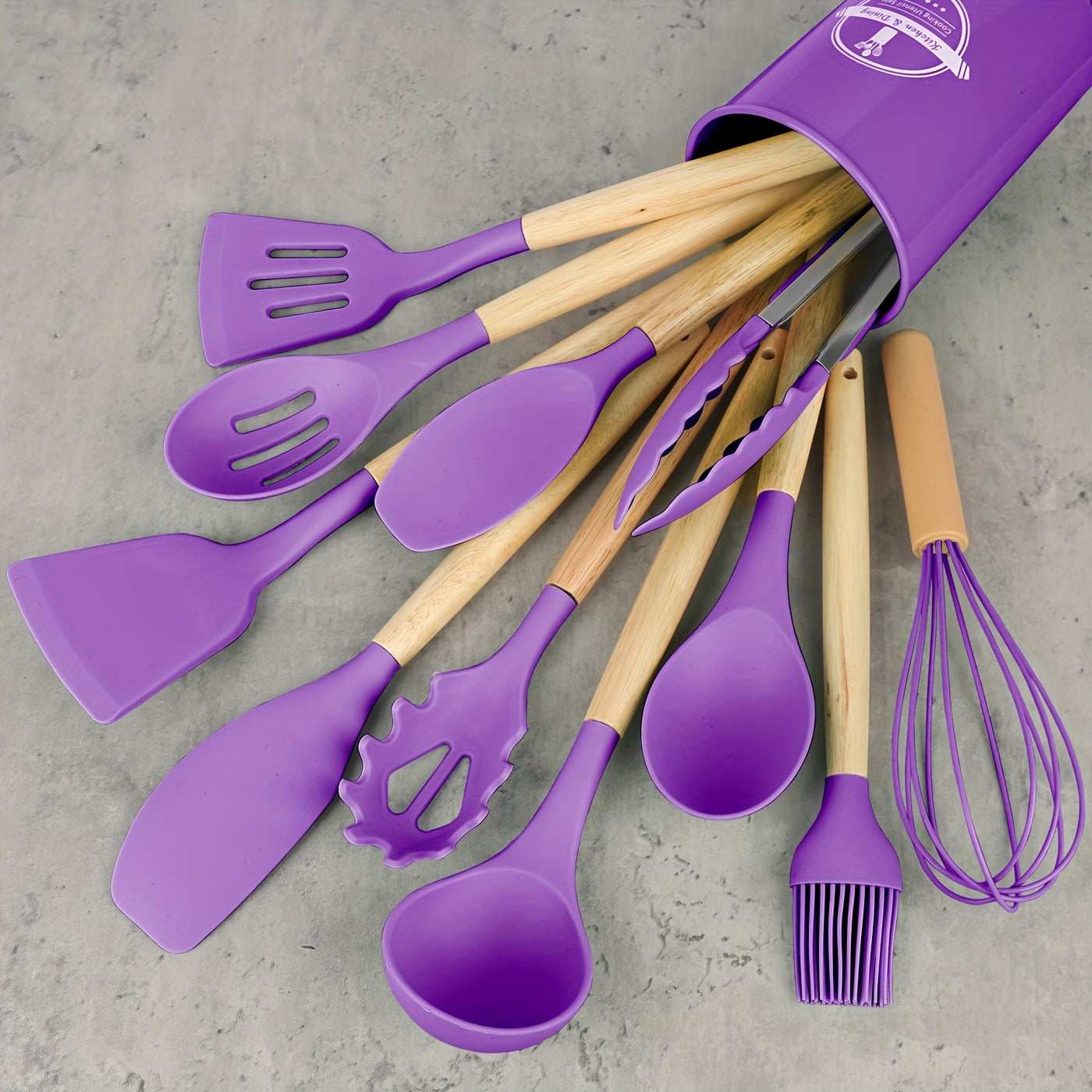 SilkChef Ensemble d'Ustensiles en Silicone de Luxe | Ustensiles de cuisine antiadhésifs et sécurisés avec manches en bois, modernes et lavables