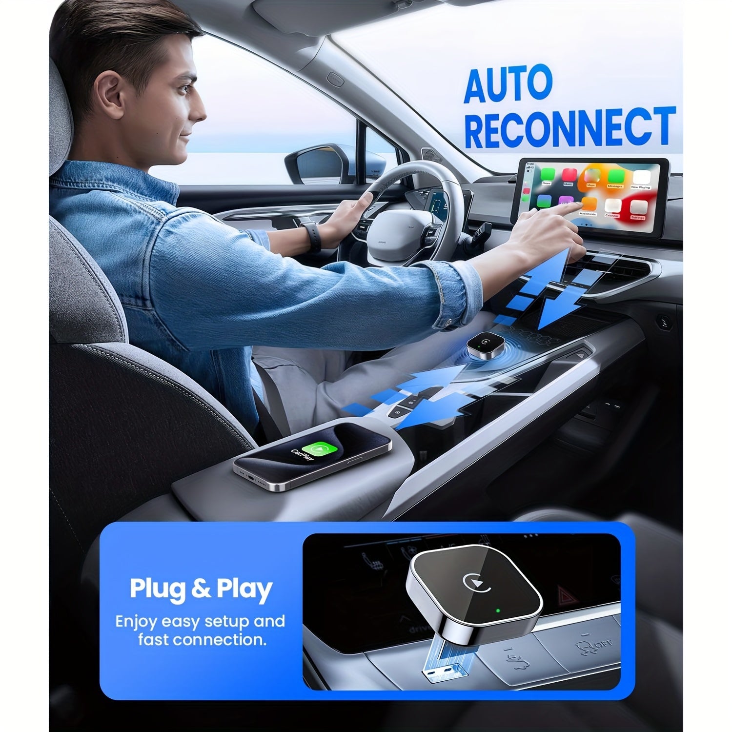 Adaptateur CarPlay & Android Auto Sans Fil 2-en-1 – Plug & Play Connexion Rapide
