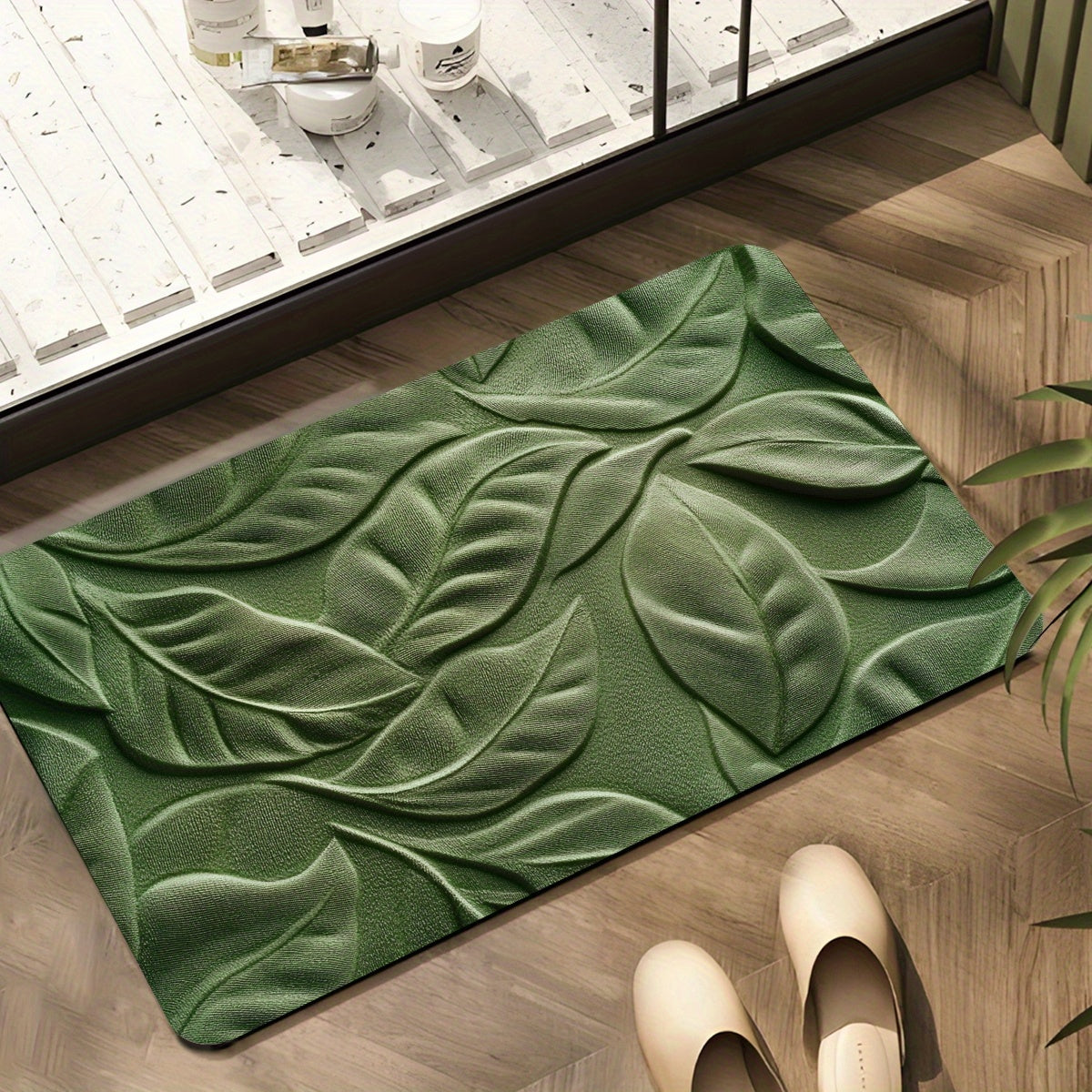 Tapis de Bain en Terre de Diatomée avec Motif de Feuilles Vertes – Absorbant et Sèche Rapidement