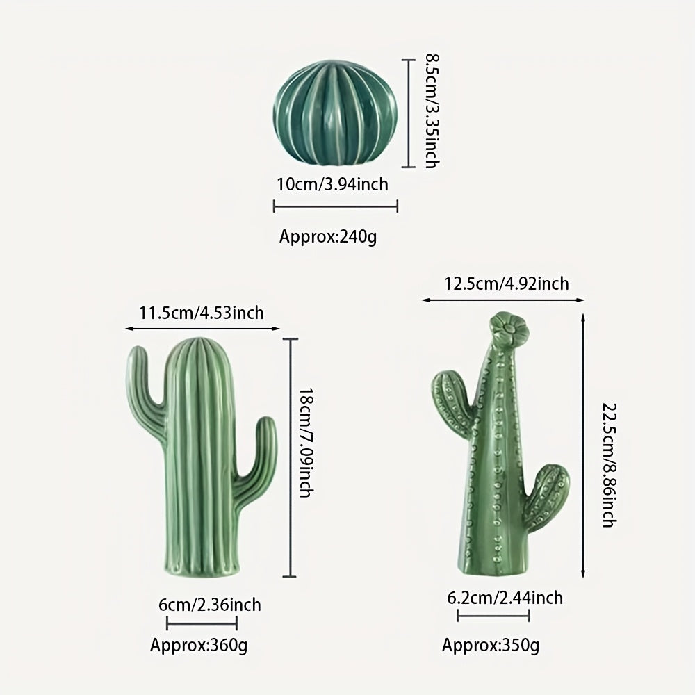 Trio de Décorations en Céramique de Cactus – Ornements Intérieurs Rayés et Texturés