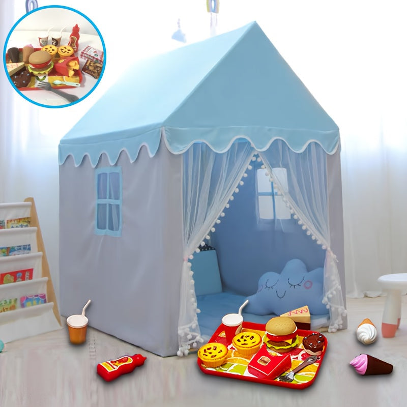 Tente de Jeu pour Enfants – Maison de Princesse Bleue Joyeuse avec Ensemble de Jeu de Burger pour des Heures de Plaisir