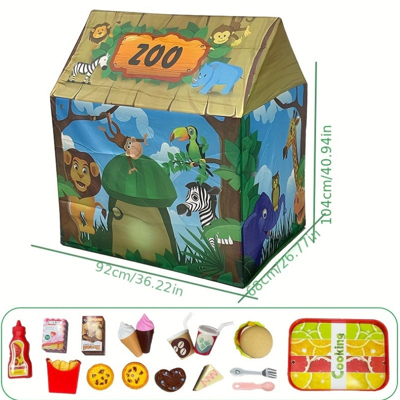 Tente de Jeu Safari Jungle - Maison de Jeu Thème Animaux avec Jouets de Pack Burger