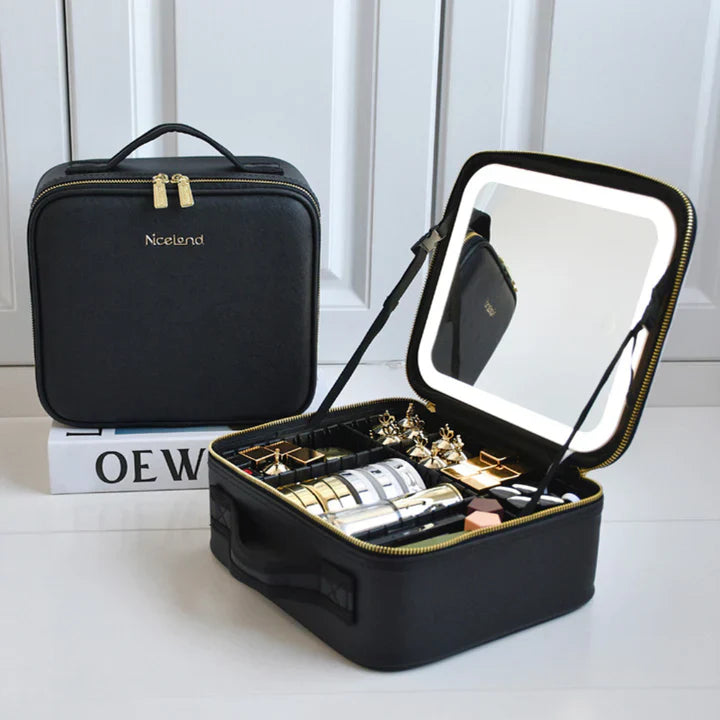 Valisette de beauté LED GlowLuxe | Organiseur de beauté portable avec miroir LED réglable pour un maquillage parfait