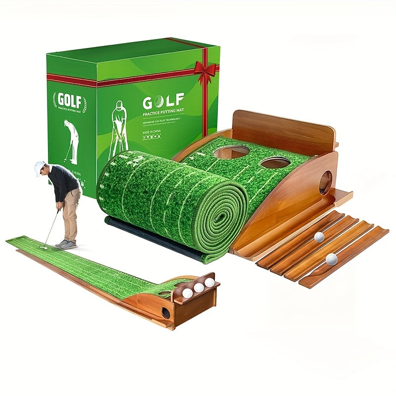 SIYA – Tapis de Putting de Golf avec Retour Automatique de Balle | Tapis de Putting avec Base en Bois | Tapis d'Entraînement de Luxe pour Intérieur et Extérieur