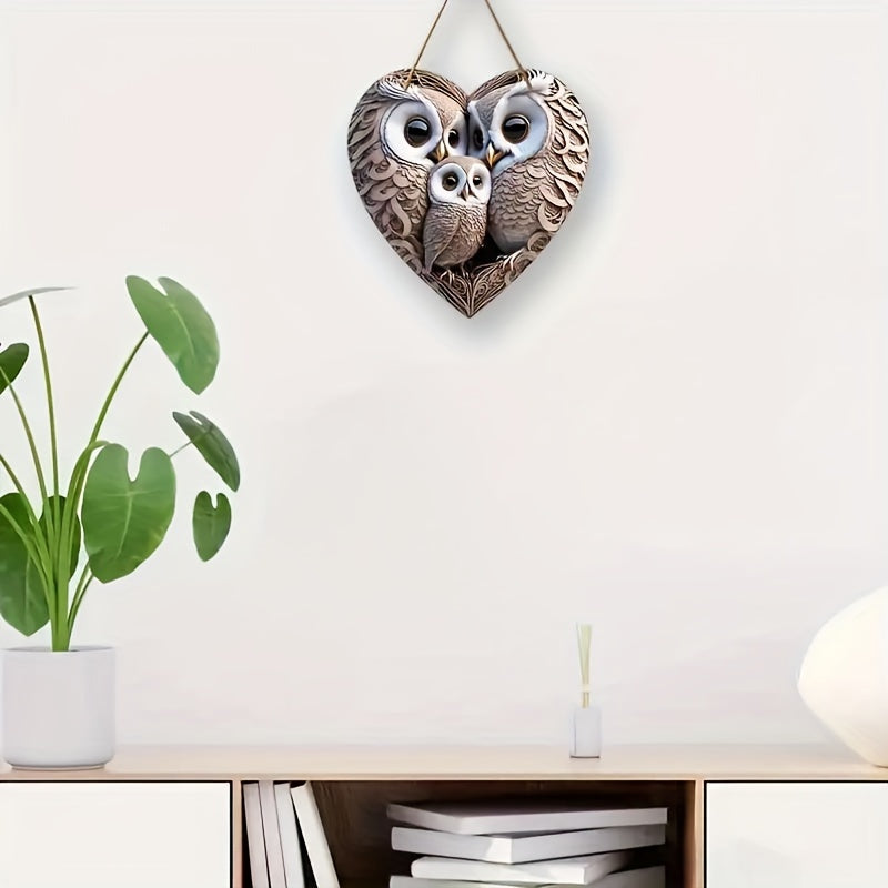 Signe en Bois Rustique en Forme de Cœur de Famille Hibou - Pour un Foyer Chaleureux