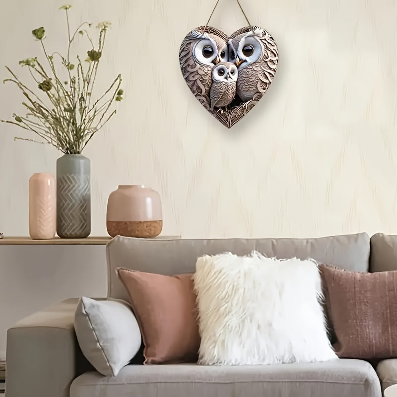 Signe en Bois Rustique en Forme de Cœur de Famille Hibou - Pour un Foyer Chaleureux