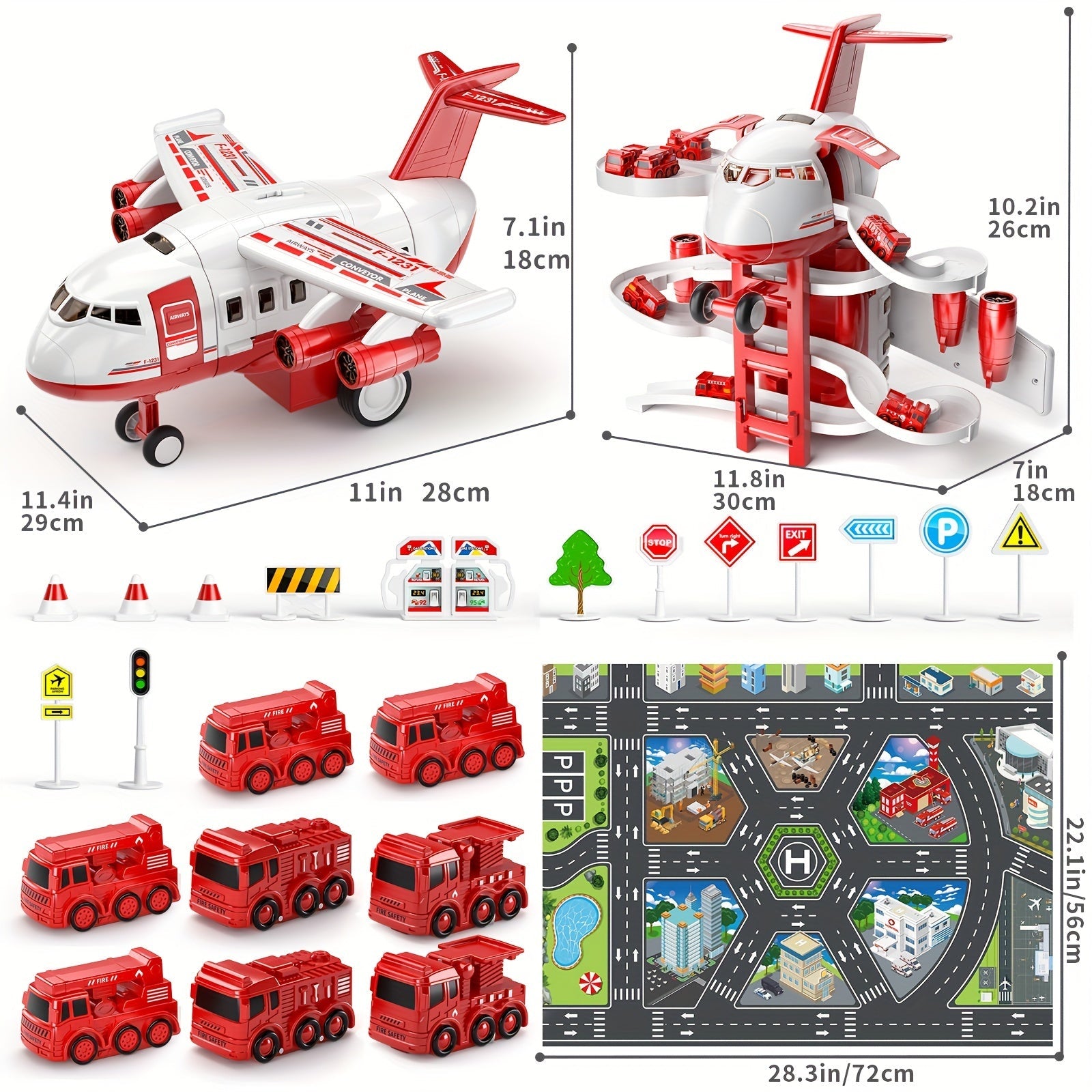 AdventurePlay Avion & Camions de Pompiers Ensemble de Jeu - Piste de Course et Garage pour Enfants