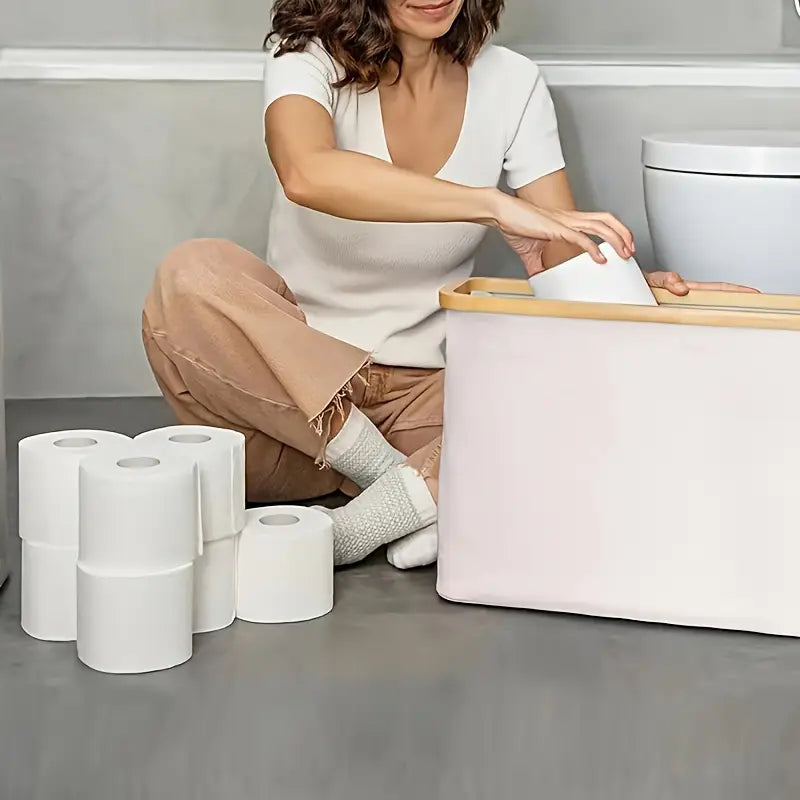 Panier de rangement élégant pour papier toilette LuxeNest | Support pliable stylé avec couvercle pour une salle de bain organisée et élégante
