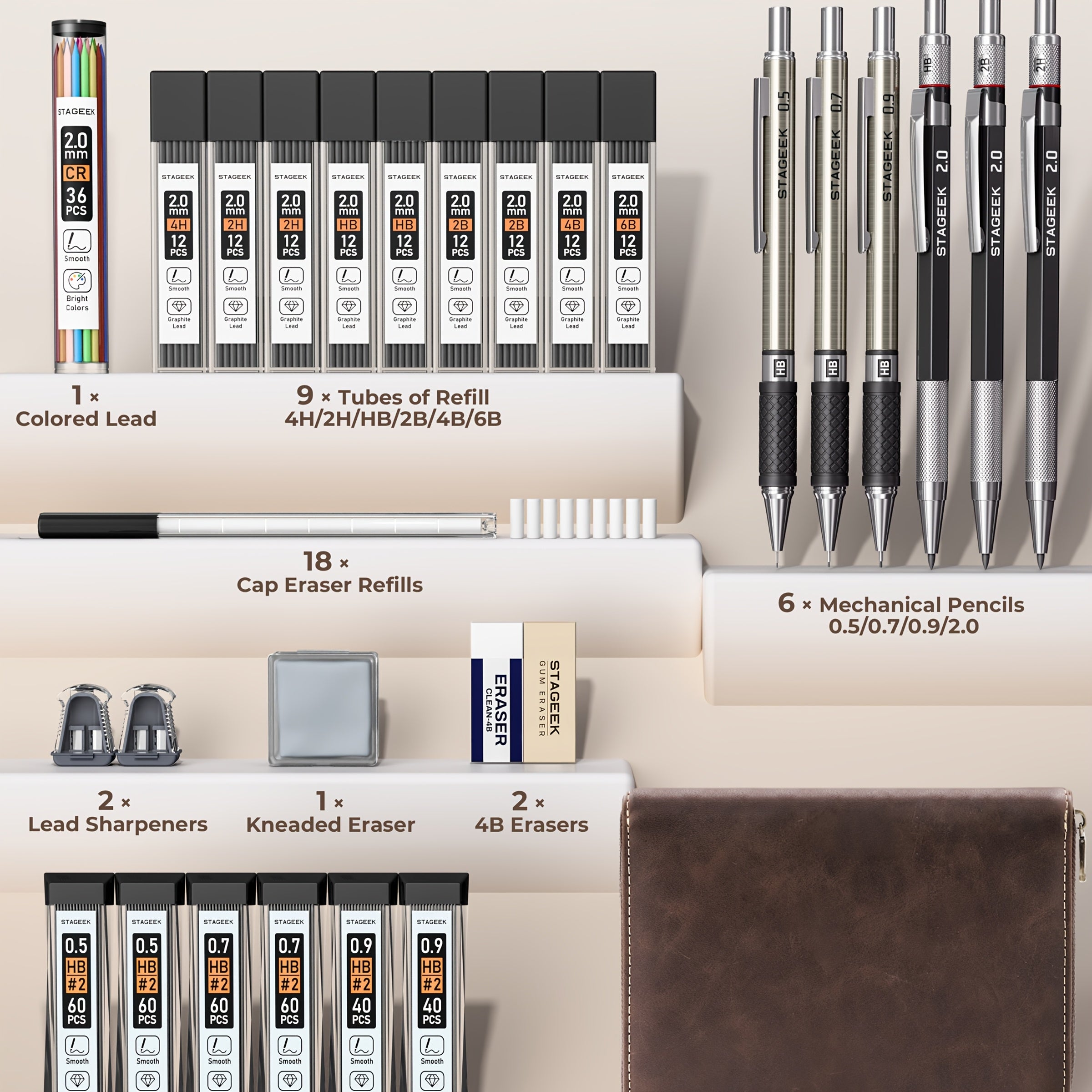 STAGEEK ensemble de crayons mécaniques en métal avec étui | Ensemble de crayons | 16 recharges de différentes épaisseurs pour le dessin