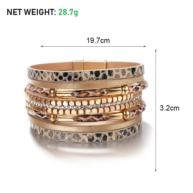 Bracelet élégant multicouche en cuir de serpent