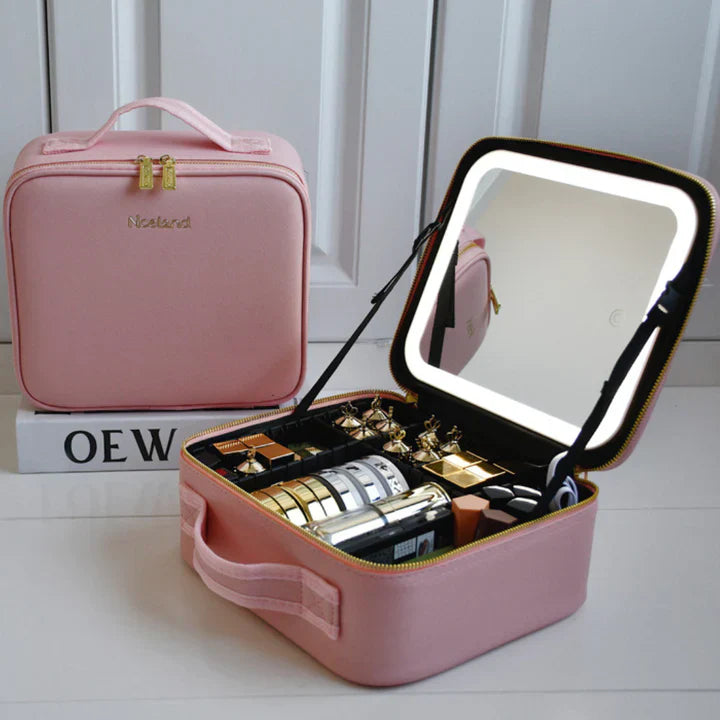 Valisette de beauté LED GlowLuxe | Organiseur de beauté portable avec miroir LED réglable pour un maquillage parfait