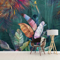 Art mural de feuilles de bananier tropical dans un salon vert, papier peint sur mesure