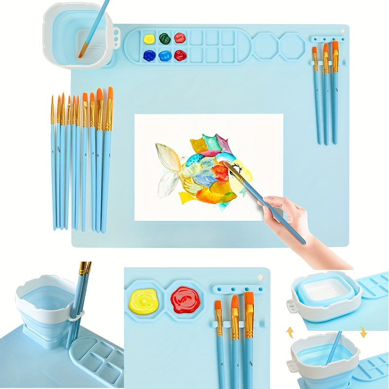 Tapis de Peinture en Silicone avec Palette et Support de Pinceaux – Durable et Flexible