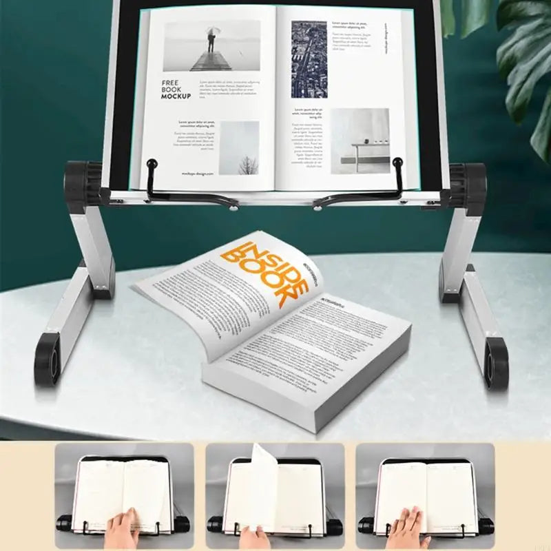 Support de livre réglable pour bureau – Support de lecture pliable à 360° avec clips pour études, livres de cuisine et organisation de bureau