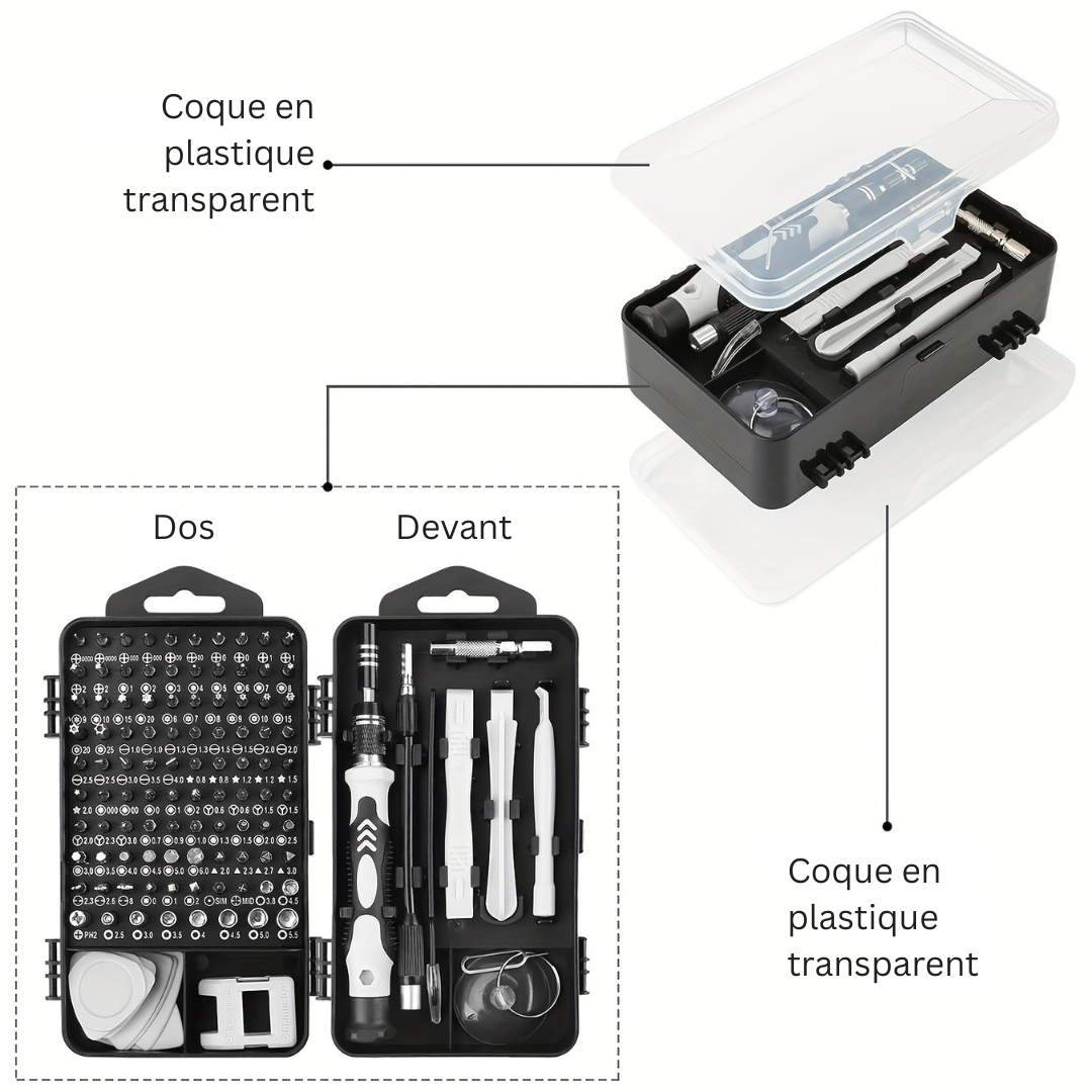 Ensemble de tournevis de précision PrestigeTool 115-en-1 | Kit d'outils magnétiques polyvalent pour l'électronique avec prise ergonomique et design antidérapant.
