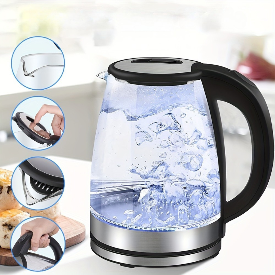 Bouilloire Électrique en Verre Luxe AquaElegance | Ébullition rapide de 2L avec lumière LED, arrêt automatique et protection contre la cuisson à sec pour une utilisation sûre et élégante en cuisine