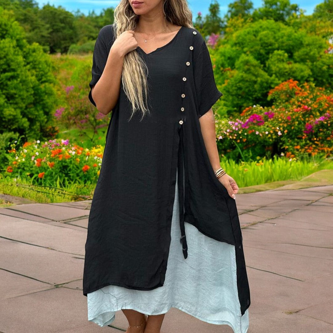 YLS | Robe d'été en lin pour femmes, robe élégante à col en V pour les journées chaudes
