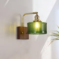 Applique Murale Élégante Verte avec Base en Bois & Abat-Jour en Verre