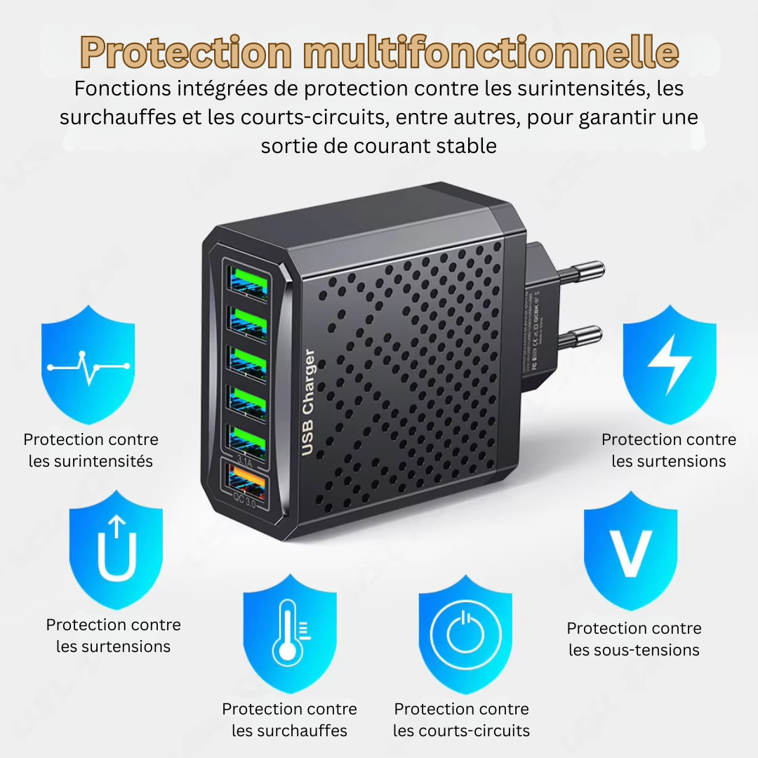 LuxCharge Elite Chargeur USB Multilader 6-en-1 | Chargement sans effort pour plusieurs appareils simultanément