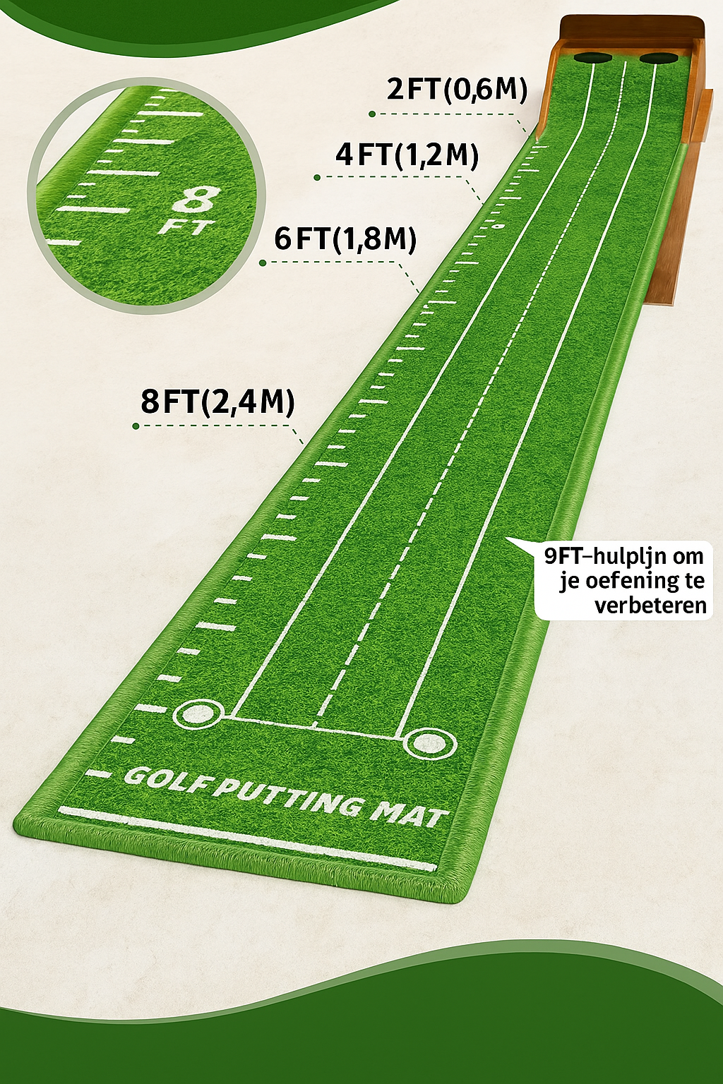 SIYA – Tapis de Putting de Golf avec Retour Automatique de Balle | Tapis de Putting avec Base en Bois | Tapis d'Entraînement de Luxe pour Intérieur et Extérieur