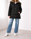 Veste longue à capuche pour femmes – Manteau d'hiver matelassé chaud avec bordure en fausse fourrure et coupe décontractée, idéal pour les journées froides