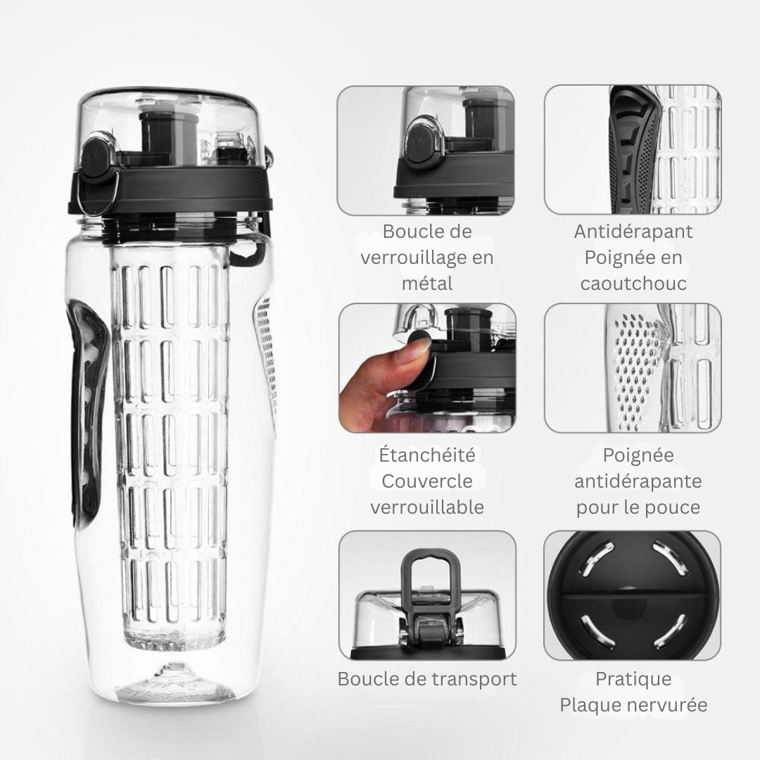 AquaLuxe Prestige Bouteille Infuseur de Fruits | Bouteille de 1000 ml sans BPA pour des infusions rafraîchissantes et saines