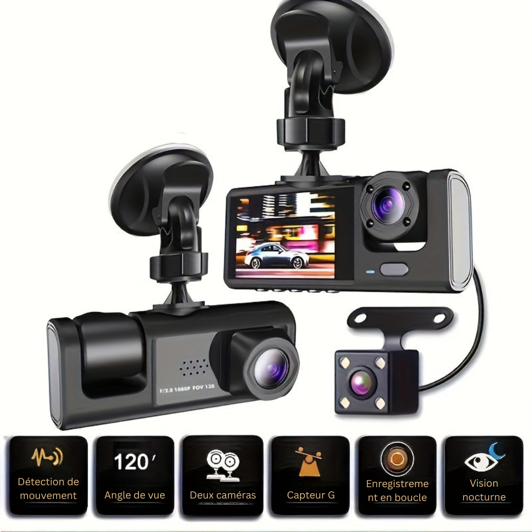 LuxVision Elite 1080P Caméra de Tableau Triple | Vue Avant, Intérieure & Arrière avec Vision Nocturne IR et Enregistrement en Boucle pour une Sécurité Ultime