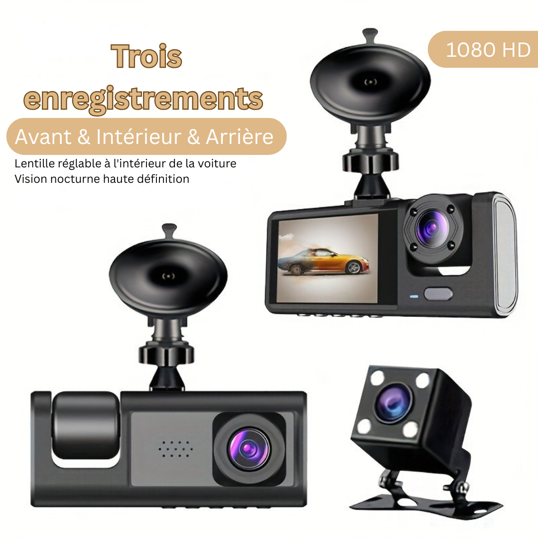 LuxVision Elite 1080P Caméra de Tableau Triple | Vue Avant, Intérieure & Arrière avec Vision Nocturne IR et Enregistrement en Boucle pour une Sécurité Ultime