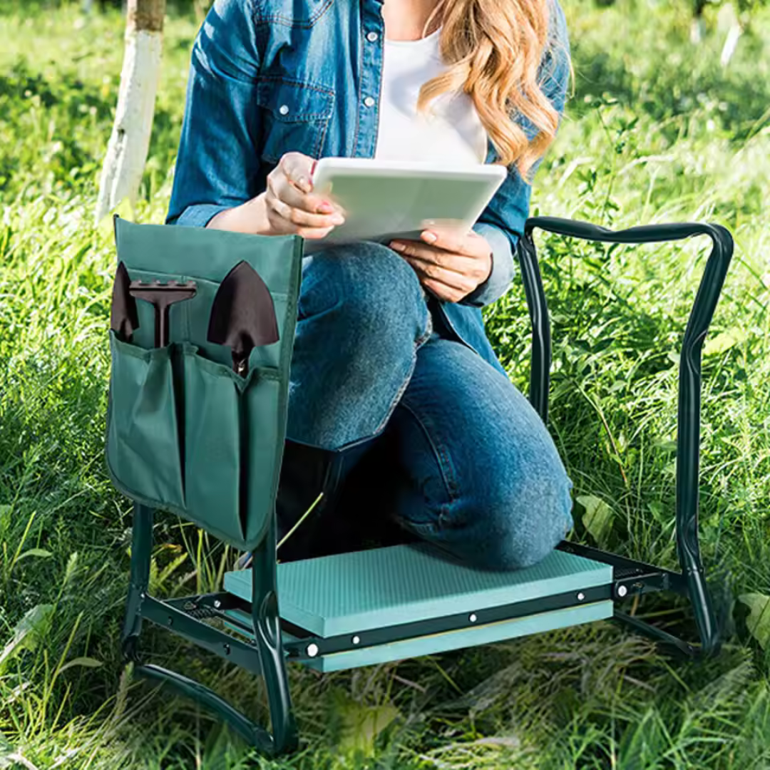 GardenElegance Luxe Kneeler Seat | Tapis de jardinage 2-en-1 polyvalent avec poignées et pochette à outils pour un confort et une commodité ultimes
