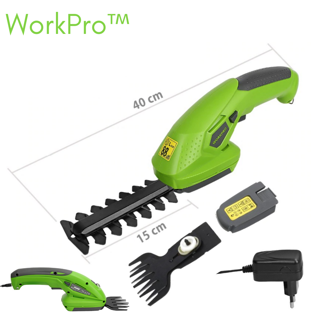 WorkPro | Taille-haie sans fil compact | Poids léger de 0,47 kg | Design sécurisé avec verrouillage enfant | Performances de coupe puissantes à 1100 RPM | Facilité d'utilisation | Batterie Li-Ion rechargeable | Taille et élagage sans effort