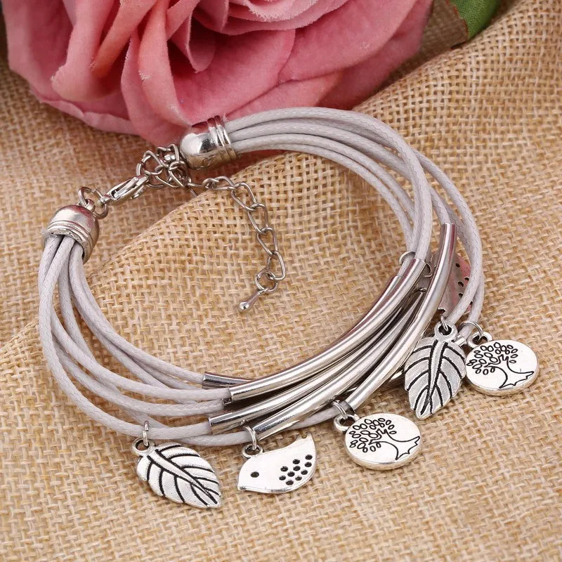 Bracelet en cuir naturel multicouche
