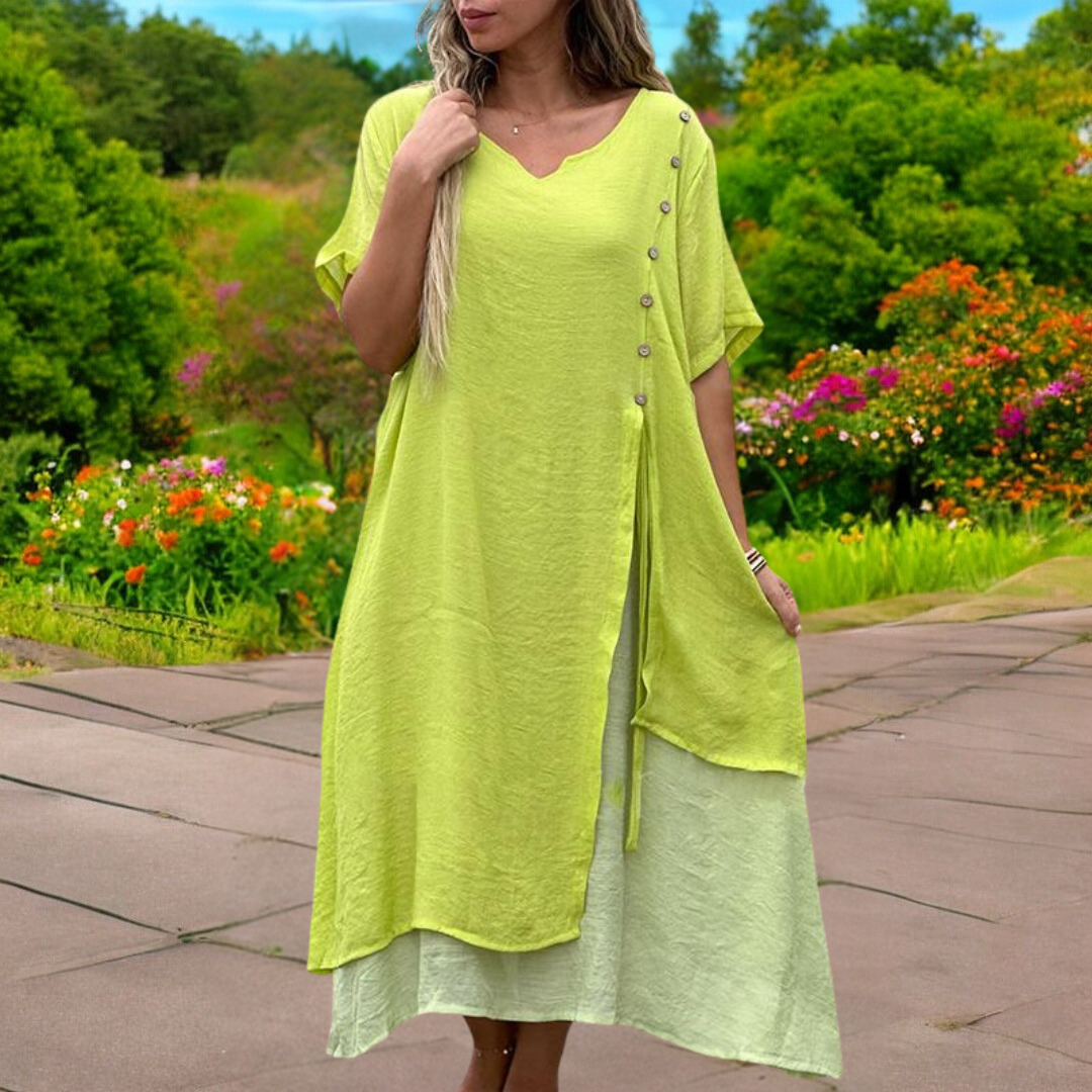 YLS | Robe d'été en lin pour femmes, robe élégante à col en V pour les journées chaudes